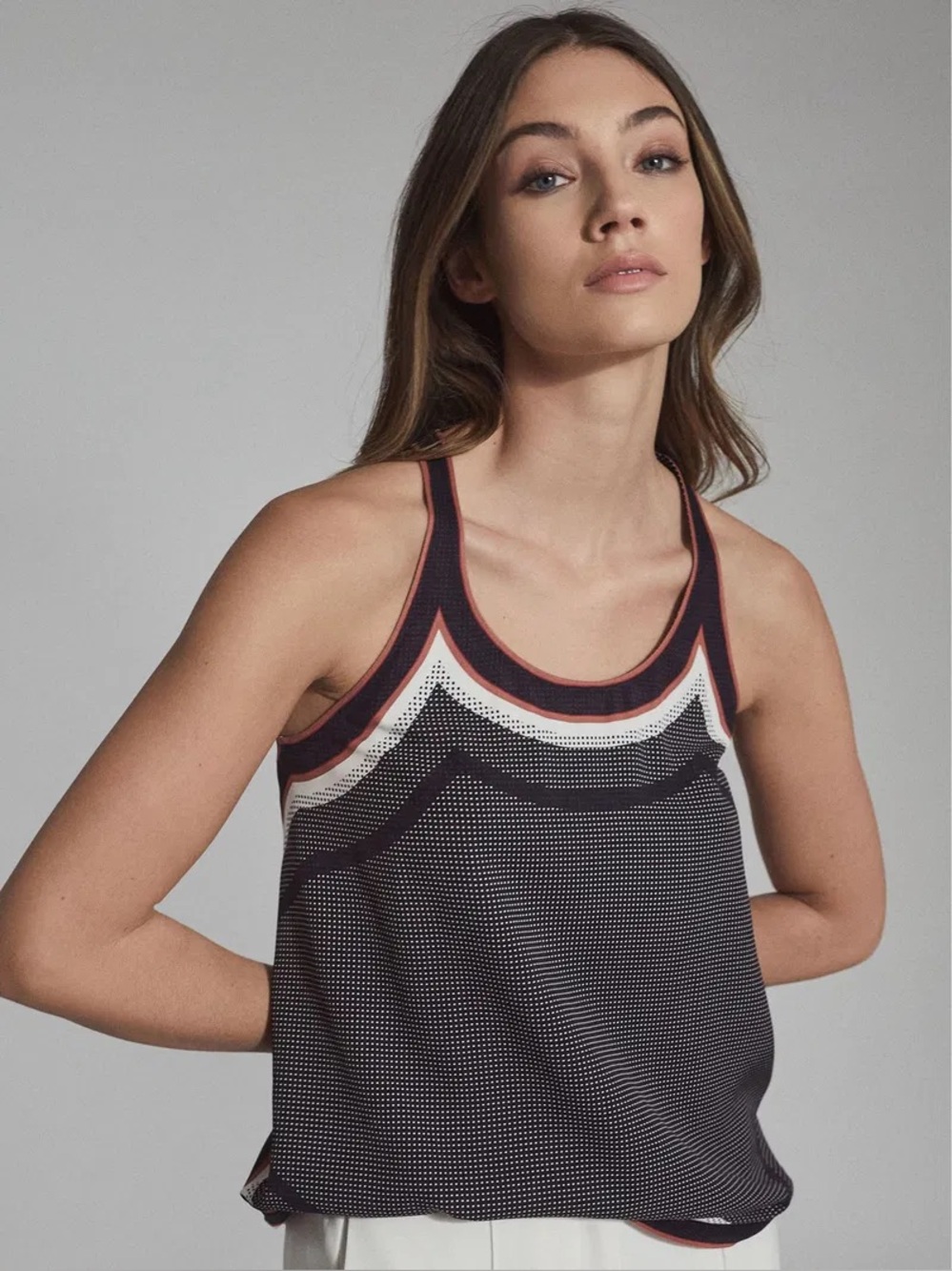 Reiss Black & White Polka Dot Scarf Print High Low Tank Top